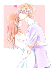 抱き合う　でこちゅー　男女　上半身