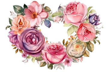"A Mother's Love: Watercolor Ring of English Roses in a Heart Shape", Generative AI