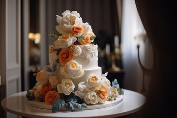 Obraz na płótnie Canvas The ornate wedding cake with flowers and berries in modern interior. Generative AI