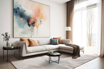 A comfortable sofa with a large abstract painting on the wall behind it. Direct view of wall. Generative AI