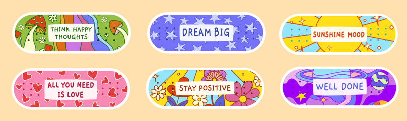Fototapeta premium Motivational groovy stickers, vector band aids set in retro style