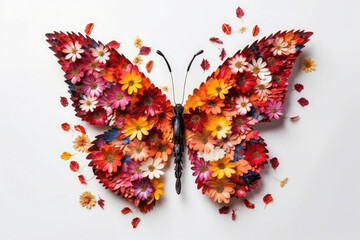 Butterfly made of flowers on white background. Minimal spring or nature concept. Generative AI