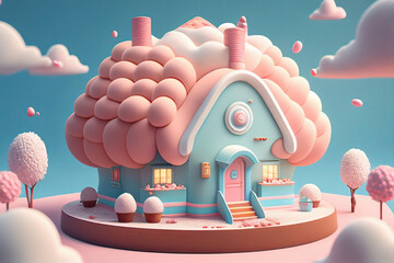 Small cute candy village. Cream cake house, jelly windows, cotton candy clouds, lollipop trees. Generative AI