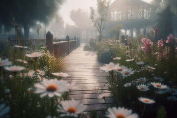 Flower wonderland with a boardwalk. Foggy background. Generative AI