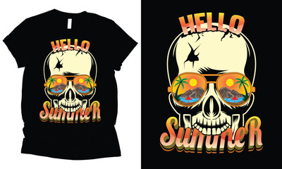 hello summer sea beach graphical skull summer t-shirt design