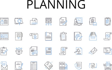 Planning line icons collection. Preparing, Organizing, Scheduling, Strategizing, Mapping out, Creating blueprints, Designing layout vector and linear illustration. Plotting course,Drawing up plans