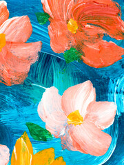 Abstract  red  flowers, original hand drawn, impressionism style, color texture, brush strokes of paint,  art background.