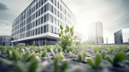 Obraz na płótnie Canvas Plant closeup with office building behind. Generative AI