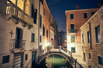 Night Canal in Venice with beautiful lights, Venice