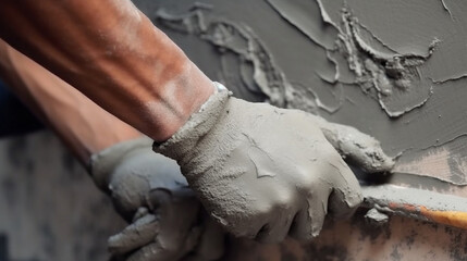 close-up of a construction worker plastering cement at a wall