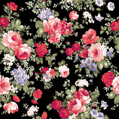 Seamless patterns of branches of roses, buds and leaves on an isolated background. Watercolor flowers. Rose bouquet flower pattern. Lovely floral seamless pattern drawn by oil paints on paper roses.