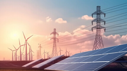 electricity is a natural power. a clean energy idea. wind turbine with a tower-high voltage solar panel