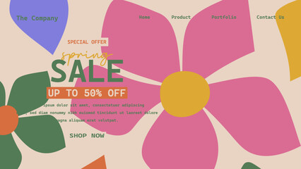 Obraz premium Hand drawn retro abstract organic floral spring landing page template, Creative horizontal website screen in a trendy vintage 70s style. Y2k aesthetic.