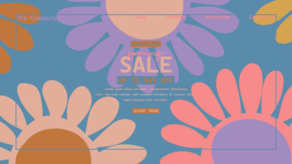 Fototapeta premium Hand drawn retro abstract organic floral spring landing page template, Creative horizontal website screen in a trendy vintage 70s style. Y2k aesthetic.
