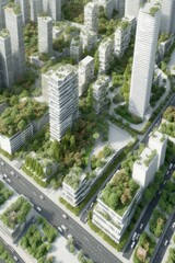Office city buildings with lots of plants, aerial view. Generative AI