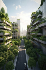 Fototapeta premium Office city buildings with lots of plants. Generative AI