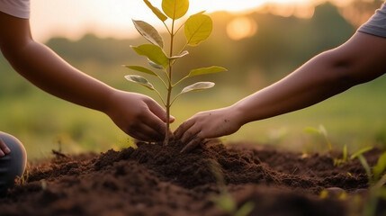 In the dusk, individuals are planting a little tree. idea preserve the planet