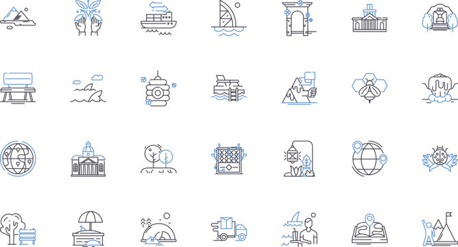 Riverside walks line icons collection. Serenity, Refreshment, Tranquility, Wanderlust, Meandering, Scenic, Relaxation vector and linear illustration. Nature,Escape,Adventure outline signs set