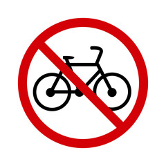 No bike sign. Prohibition sign do not ride a bike. The sign is a red crossed out circle with a silhouette of a bicycle inside. Cycling is not allowed. Bicycle ban. Round red bike stop sign.