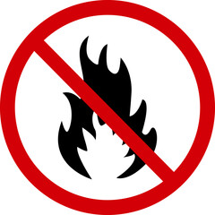 No fire sign. Prohibition sign No fire. Sign of a red crossed circle with a silhouette of a flame inside. Campfire sign prohibited. Round red sign. No campfire sign.