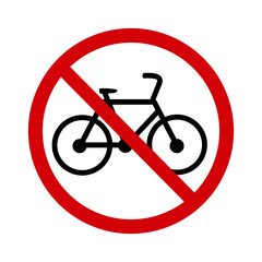 No bike sign. Prohibition sign do not ride a bike. The sign is a red crossed out circle with a silhouette of a bicycle inside. Cycling is not allowed. Bicycle ban. Round red bike stop sign.