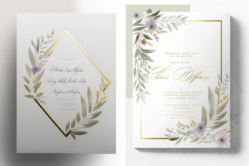 Obraz na płótnie Canvas wedding invitation, thank you card, rsvp, details,menu,welcome,boho DIY minimal template design with watercolor greenery leaf and branch, watercolor invitation, beautiful floral wreath. Generative AI