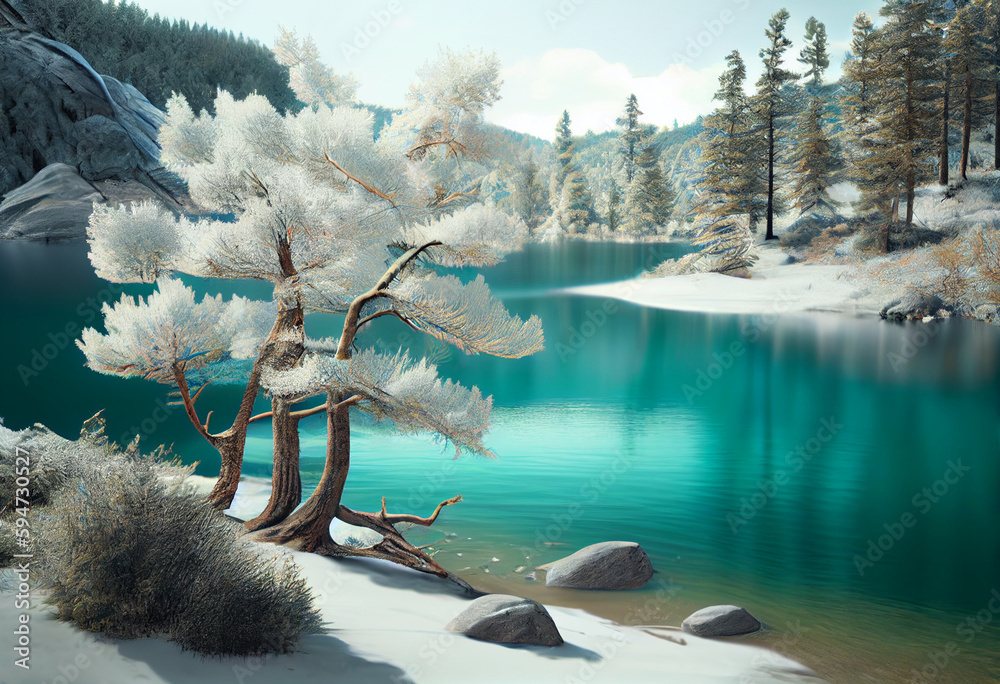 Poster beautiful photo forest tree and river. generative ai technology.