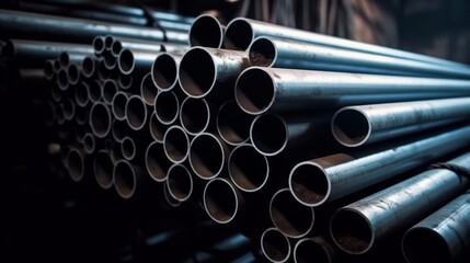 Closeup of Steel Pipes bunch in the steel factory. Generative AI