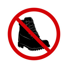 Sign do not walk in shoes. Forbidding sign, do not walk on the grass. Red crossed circle with a silhouette of a shoe inside. Shoes are not allowed. Shoe ban. Round red stop shoes sign.
