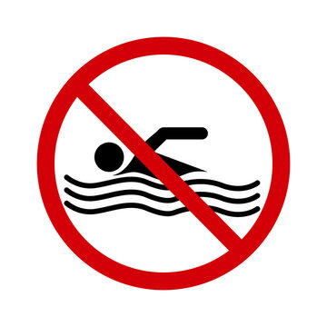 No swim sign. Forbidding sign, do not swim. A red crossed circle with a silhouette of a swimmer inside. Swimming is not allowed. Bathing prohibited. Round red stop swim sign.