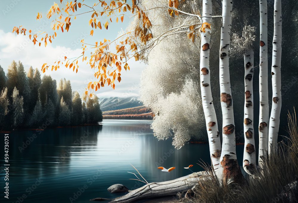 Poster beautiful photo forest tree and river. generative ai technology.
