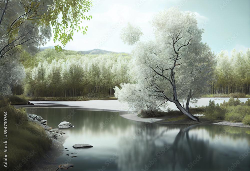 Poster beautiful photo forest tree and river. generative ai technology.