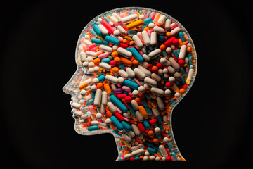 Human head inside which capsules and tablets. Generative AI