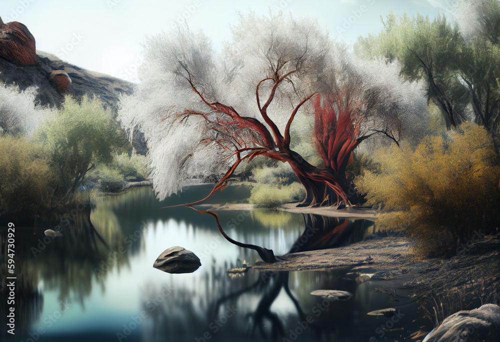 Poster beautiful photo forest tree and river. generative ai technology.