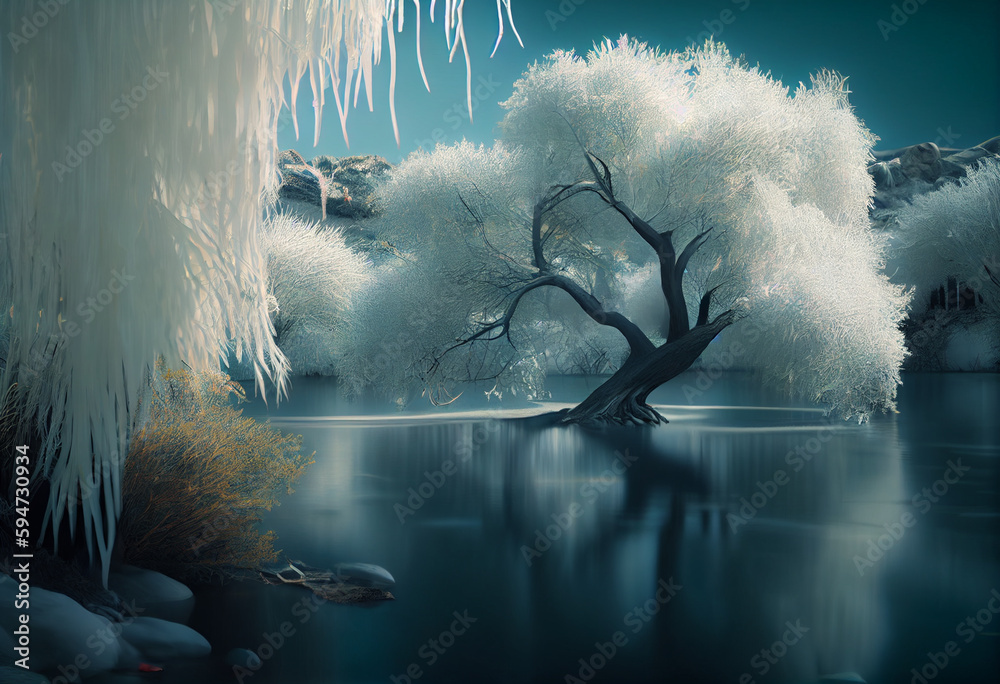 Poster beautiful photo forest tree and river. generative ai technology.