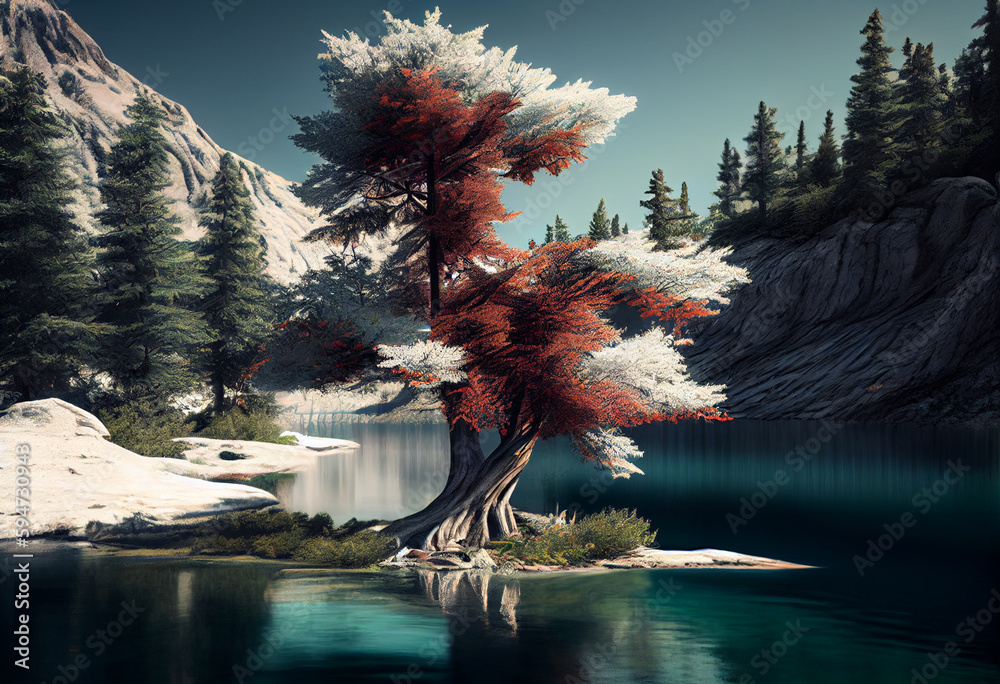 Poster beautiful photo forest tree and river. generative ai technology.