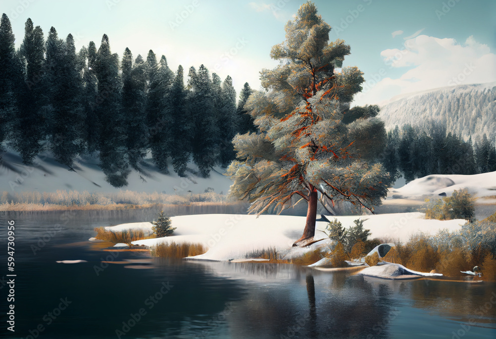 Poster beautiful photo forest tree and river. generative ai technology.