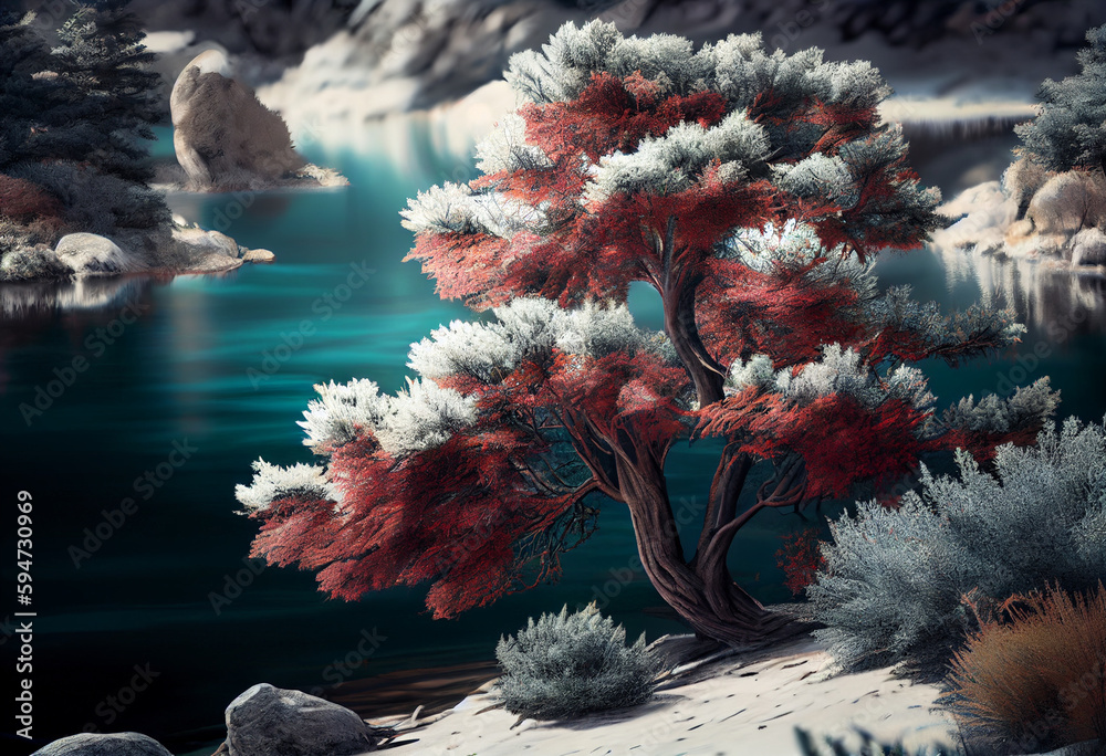 Poster beautiful photo forest tree and river. generative ai technology.