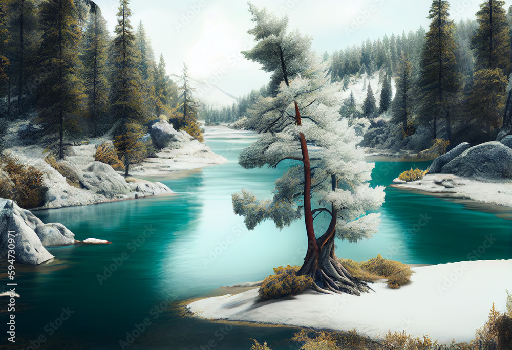 Poster beautiful photo forest tree and river. generative ai technology.