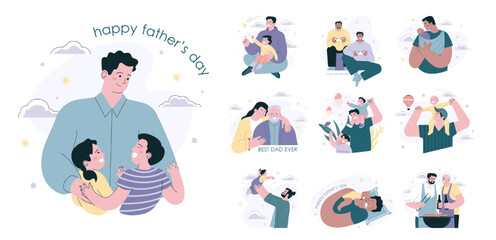 Happy Father's Day set. Dad and child spending time together. Fatherhood - obrazy, fototapety, plakaty