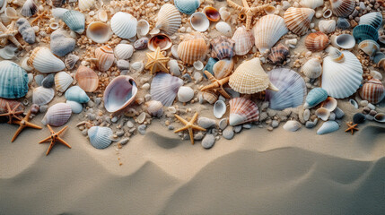 Fototapeta na wymiar The texture of a sandy beach with seashells scattered on the shore, representing the treasures of summer and the beauty of the natural world. Generative AI.