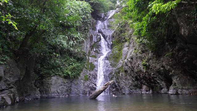 Scenic view of Kai Bae Waterfall surrounded by tropical trees, Koh Kood, Thailand