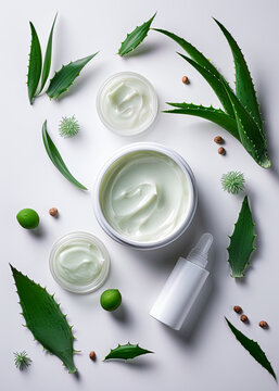 Aloe Vera cosmetic and  healthcare products. Skin cream and body lotion. Flat lay, top view. Generative Ai