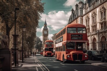 Two red double decker buses are driving on the street near big ben on London Bridge, Generative AI