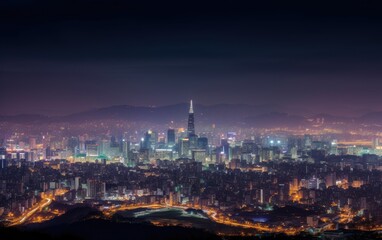 Naklejka premium Downtown cityscape at night in seoul, south korea, Generative AI
