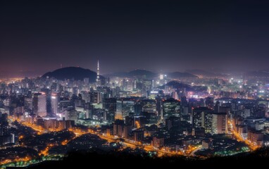 Naklejka premium Downtown cityscape at night in seoul, south korea, Generative AI