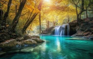 Erawan waterfall in autumn, thailand. beautiful waterfall with emerald pool in nature, Generative AI