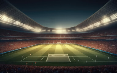 Fototapeta na wymiar Universal grass stadium illuminated by spotlights and empty green grass playground, Generative AI