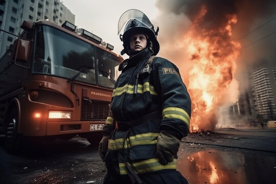 Brave firefighter with axe standing in front of frightening explosion. Generative AI