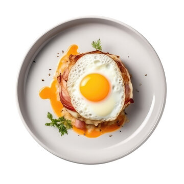Croquemadame On A White Round Plate, French Dish. Generative AI